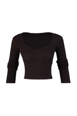 Anthracite Stitching Detailed Fitted/body-fitting Crop Ribbed Stretch Knit Blouse Twoaw22bz0530