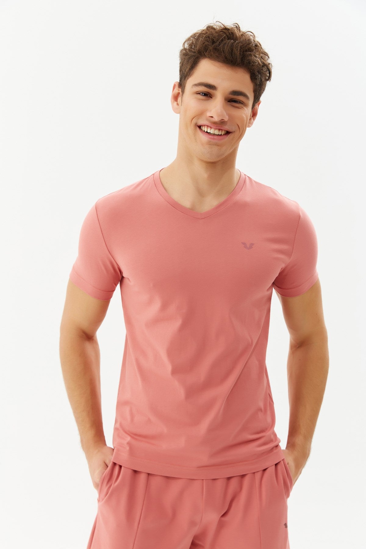 Men's Red V Neck 100% Cotton Short Sleeve Slim Fit Solid Color Casual Sports T-shirt 8898 Tb20ml07s8