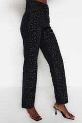 Black Stone Detailed High Waist Wide Leg Jeans Twoaw23je00442