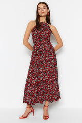 Multi Color Floral Print Neck Tie Up Printed A-line Maxi Knit Dress Twoss23el00705