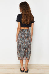 Brown Waist Elastic Printed Midi Length Lined Tulle Knit Skirt Twoaw24et00006