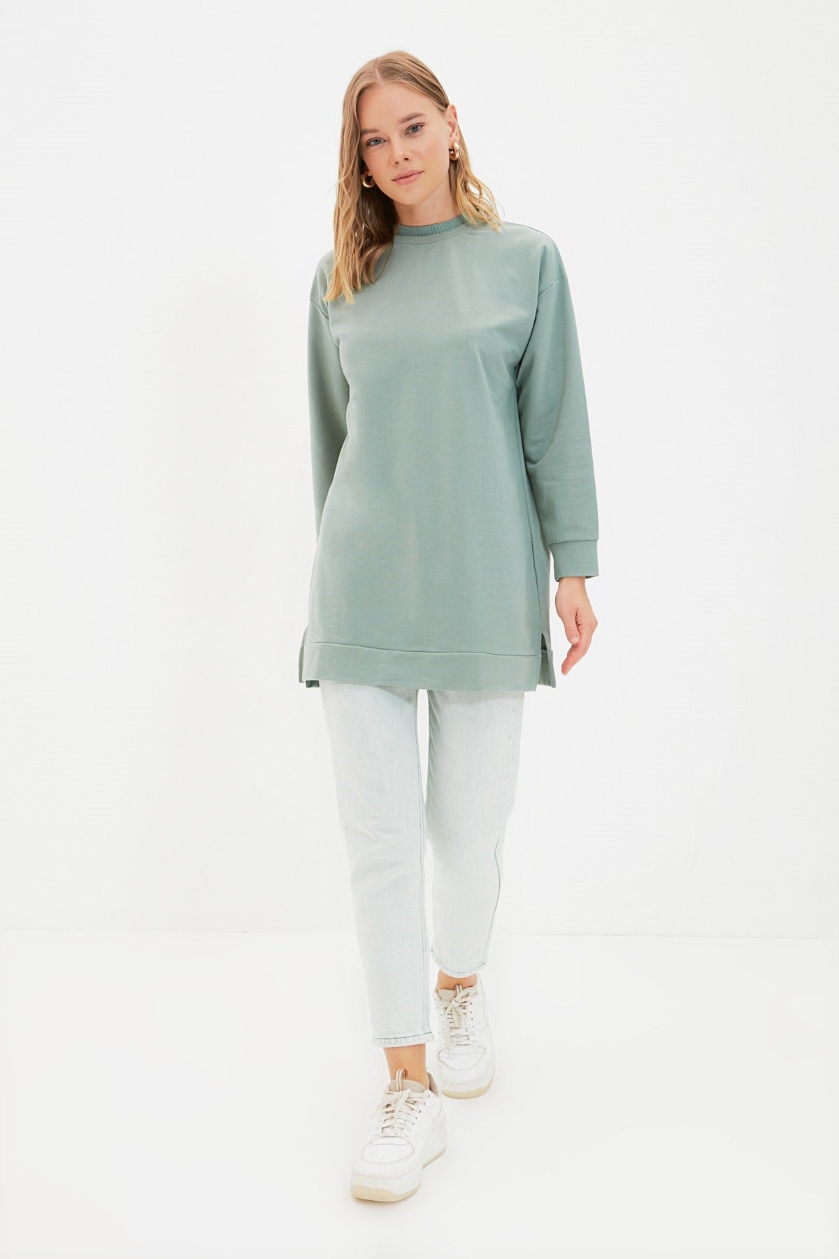 Mint Solid Collar Slit Detailed Basic Knitted Sweatshirt Tctaw22tw0196