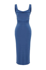 Indigo Body-fitting Degaje Neckline Flexible Knit Midi Pencil Dress Twoss24el00588