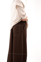 Effective Stitching Detailed Skater Fit Brown Fabric Pants Flaw-015-002-040