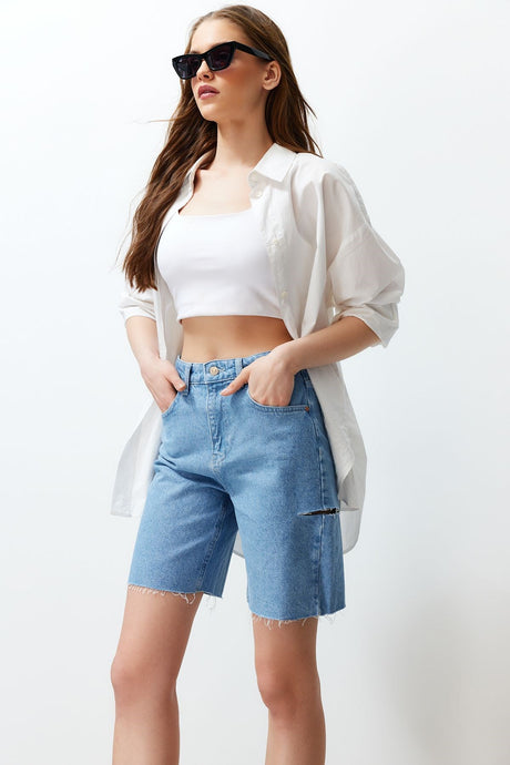 Light Blue Ripped High Waist Denim Shorts & Bermuda Twoss24sr00063