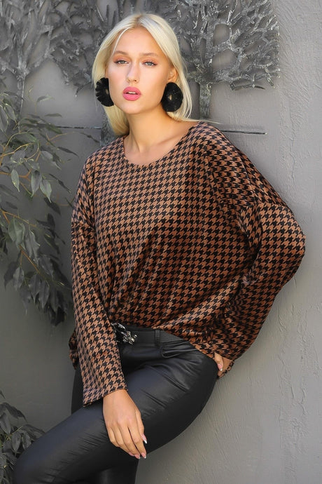 Brown Italian Crew Neck Long Sleeve Goose Leg Oversize Casual Knitted Blouse M10010200bl93535