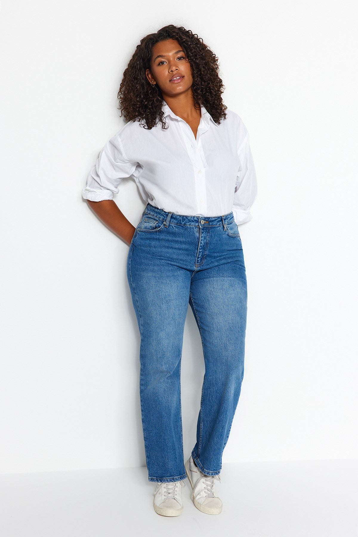 Dark Blue High Waist Additional Feature Not Available Straight Plus Size Jeans Tbbaw24cj00045