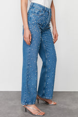 Blue Stone Detailed High Waist Wide Leg Jeans Twoss24je00225