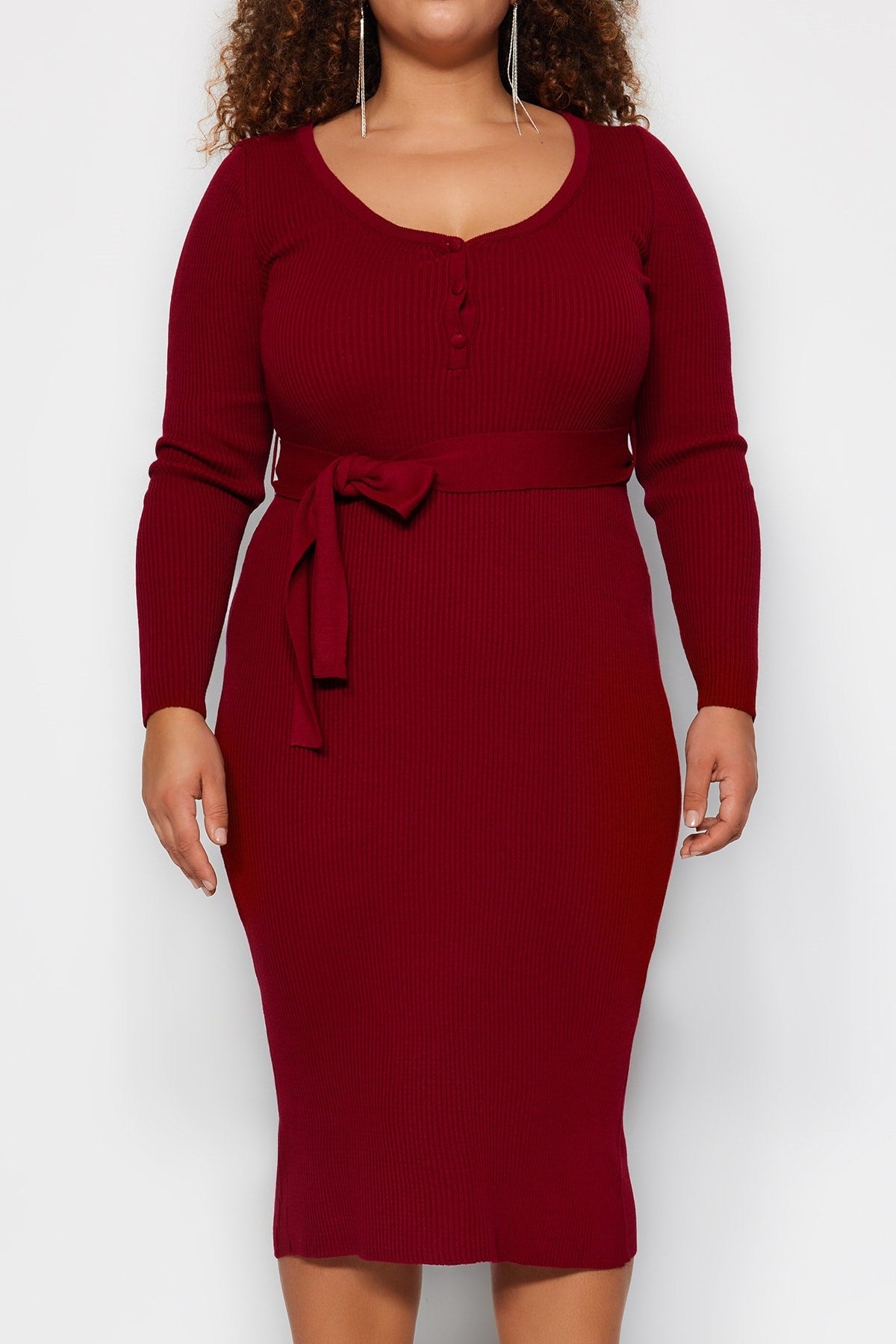 Burgundy Tie Waist Detailed Buttoned Knitwear Dress Tbbaw24ah00003