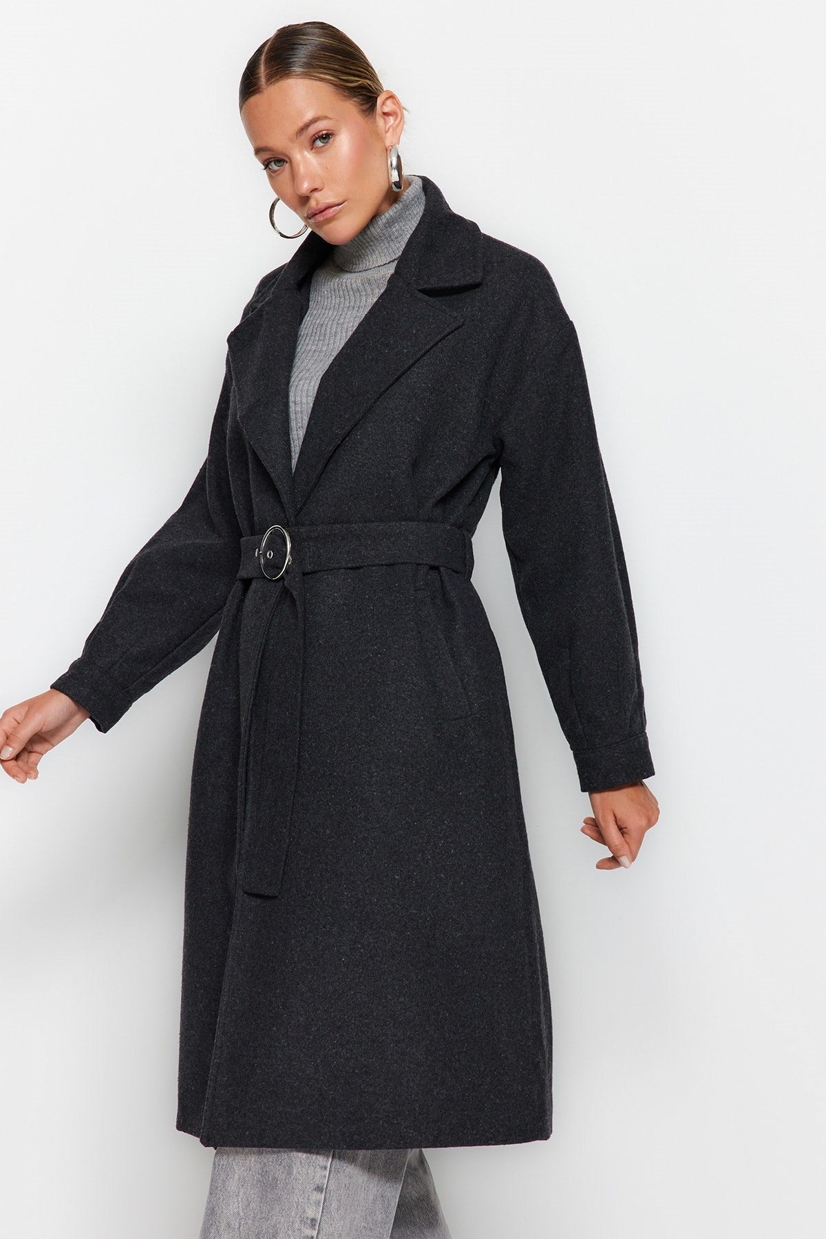 Stone Round Belt Long Woolen Cashmere Coat Twoaw20kb0029