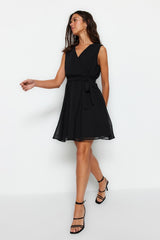 Black Belted V-neck Mini Lined Woven Dress Twoss23el02357