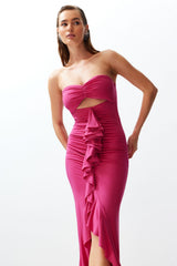 Fuchsia Body Fit Ruffle Long Night Evening Dress Tprss24ae00027