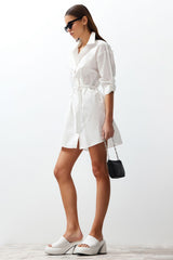 White Belted 100% Cotton Mini Woven Shirt Dress Twoss24el00339