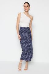 Blue Floral Print Viscose Fabric Midi Woven Skirt Twoss23et00295