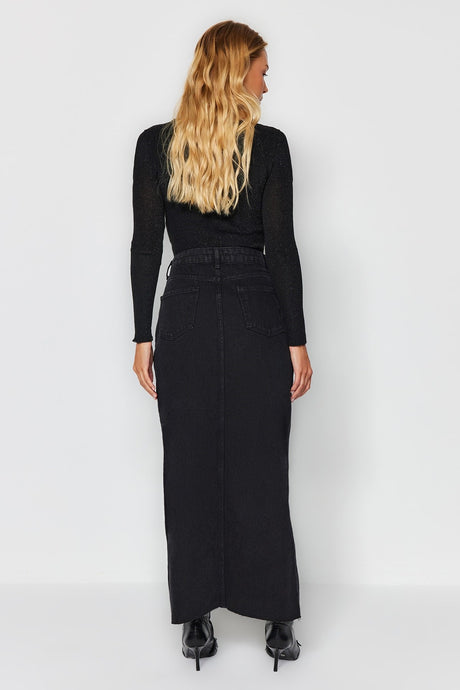 Black Slit Maxi Denim Skirt Twoss23et00290