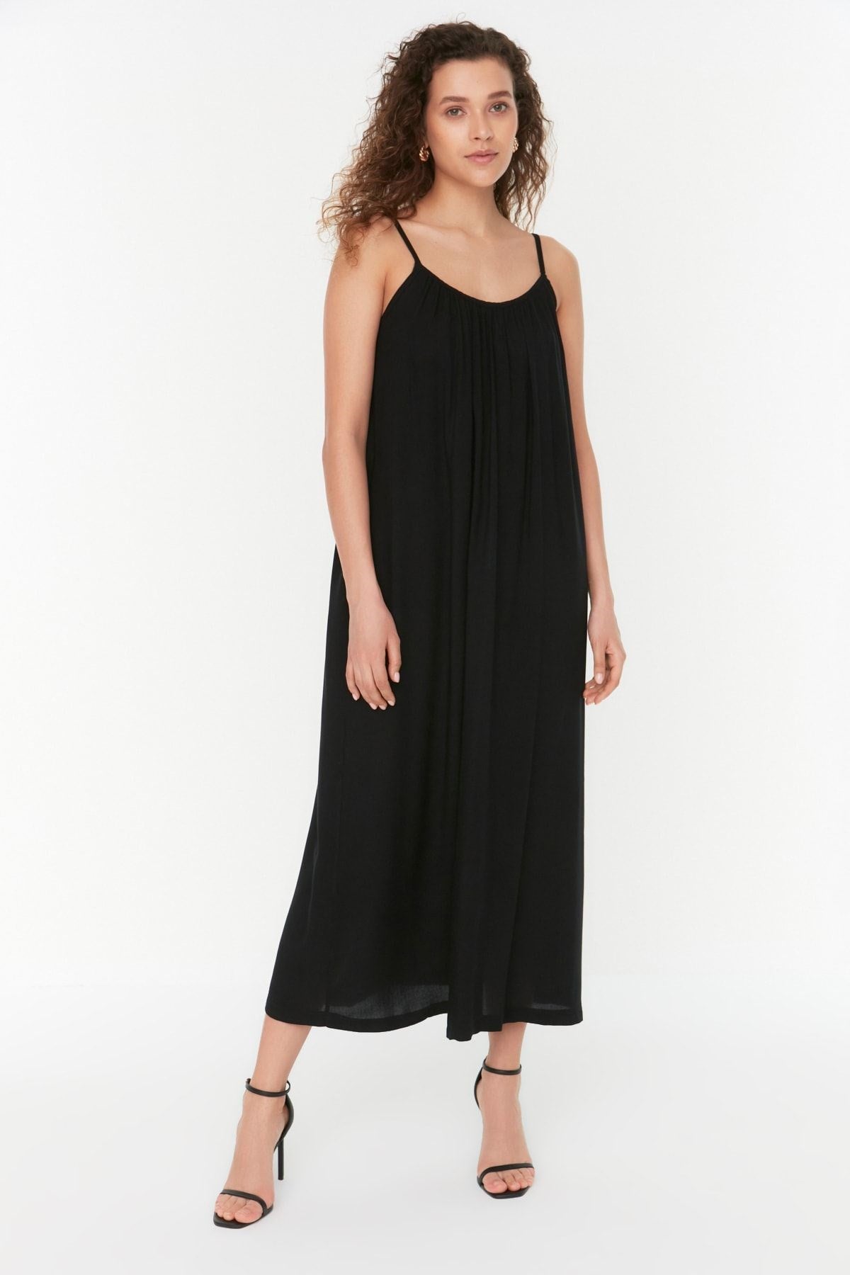 Black Shift/straight Cut Viscose Strappy Maxi Woven Dress Twoss22el00068