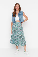 Tile Slit Detailed Floral Pattern Viscose Fabric Midi Woven Skirt Twoss20et0230