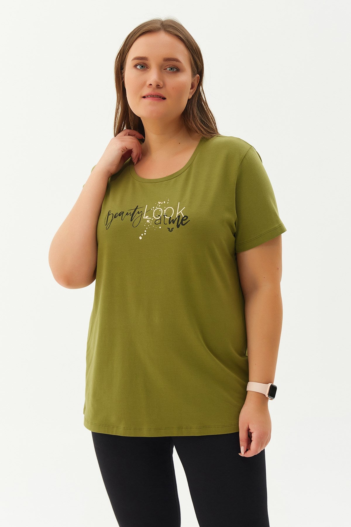 Women's Green Plus Size Cotton Letter Printed Short Sleeve Sport&casual T-shirt 0276 Tb22wl07s0276-1