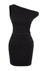 Black One Shoulder Mini Striped Flexible Mini Woven Dress Twoss24el00231