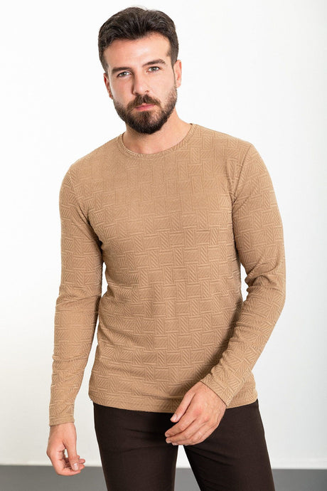 Patterned Brown Slim Fit Crew Neck Long Sleeve Men's T-shirt 36803.23k