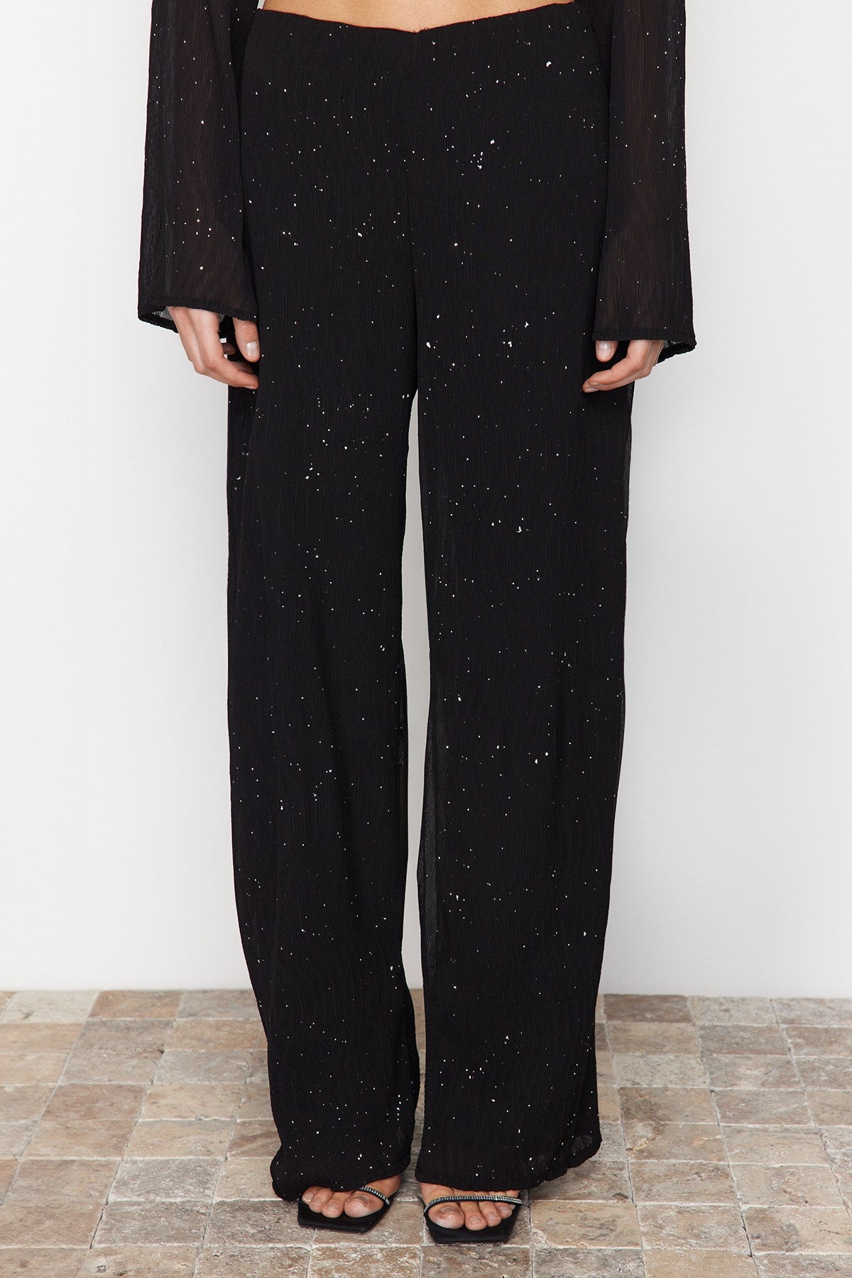 Black Lined Glitter Chiffon Pants Tprss24pl00009