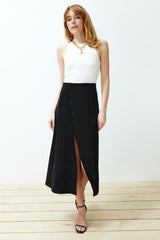 Black Asymmetric Buttoned Slit Knit Skirt Twoss24et00143