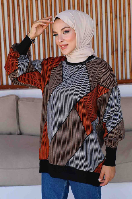 Black Color Striped Balloon Sleeve Knitwear Tunic Imj002308