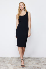 Black Pool Collar Ribbed Stretchy Knitted Midi Pencil Dress Twoss24el00488