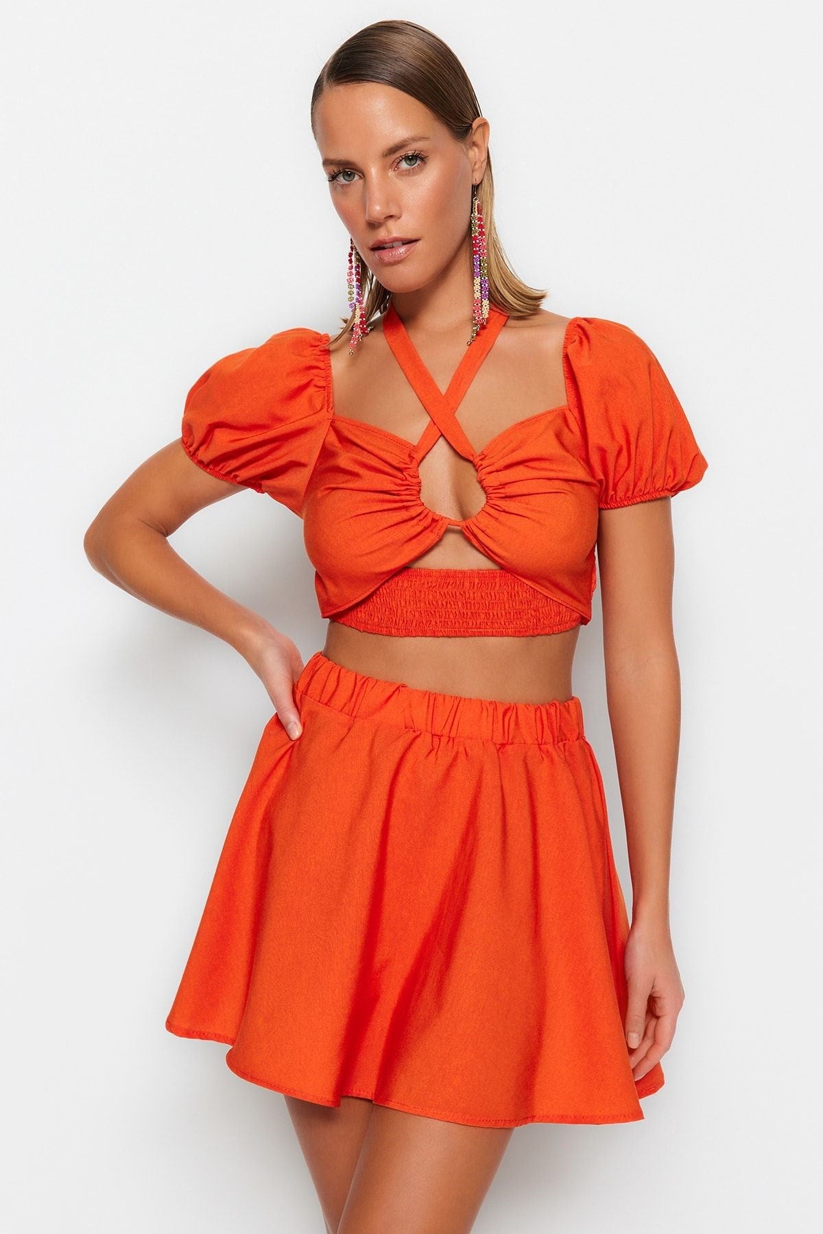 Orange Woven Cut Out/window Blouse Skirt Set Tbess23au00180