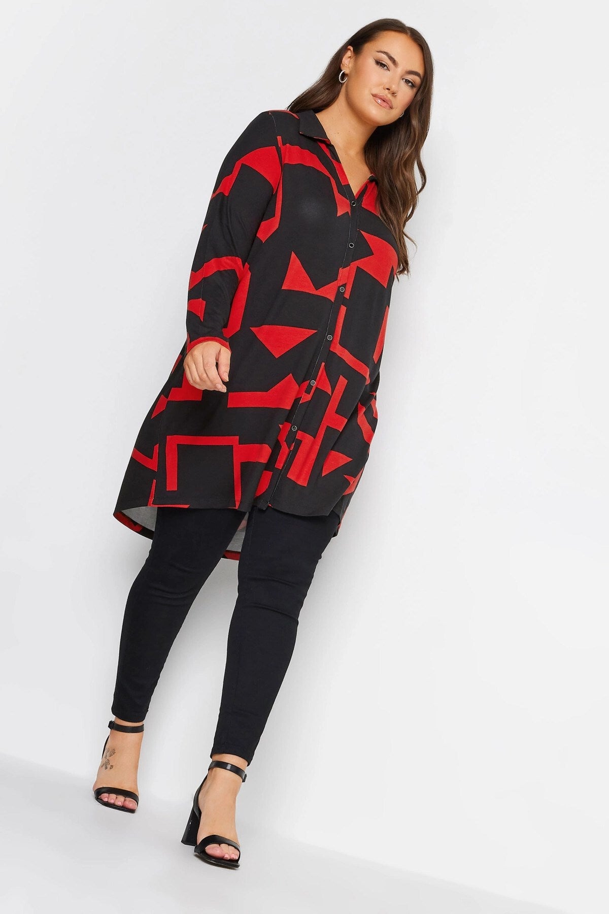 Plus Size Geometric Pattern Long Cut Long Sleeve Shirt 321234 Byk-23y-321233