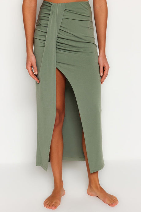 Khaki Body-fitting Maxi Woven Slit Skirt Tbess23et00021