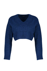 Navy Blue Super Crop Basic Soft Textured V Neck Knitwear Sweater Twoaw24kz00134