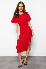 Red Straight Cut Ruffle Midi Woven Dress Twoss24el00713