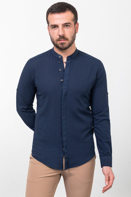 Patterned Navy Blue Color Slim Fit Dominant Collar Long Sleeve Linen Men's Shirt 37780.23y