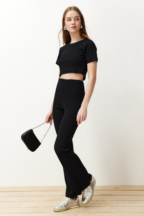 Black Crop Crew Neck Ribbed Stretch Knitted Blouse And Pants Bottom-top Suit Twoss21au0160