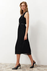 Black Pleated Double-breasted Neckline Chiffon Lined Midi Woven Dress Twoss24el00774