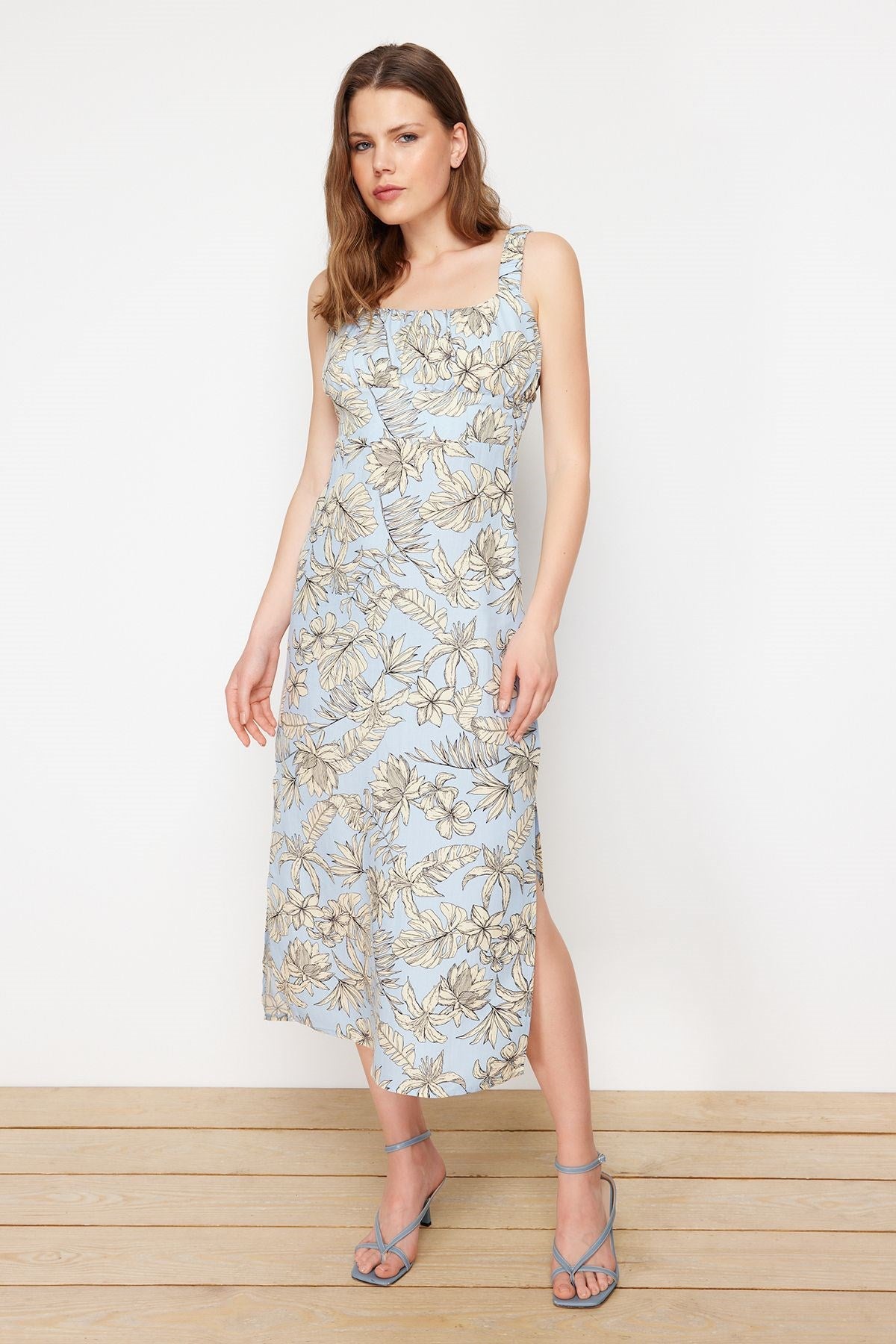 Light Blue Floral Viscose Maxi Woven Dress Twoss24el00613