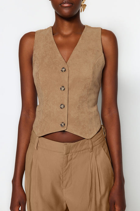 Camel Fitted Buttoned Suede Woven Vest Twoaw24ye00044