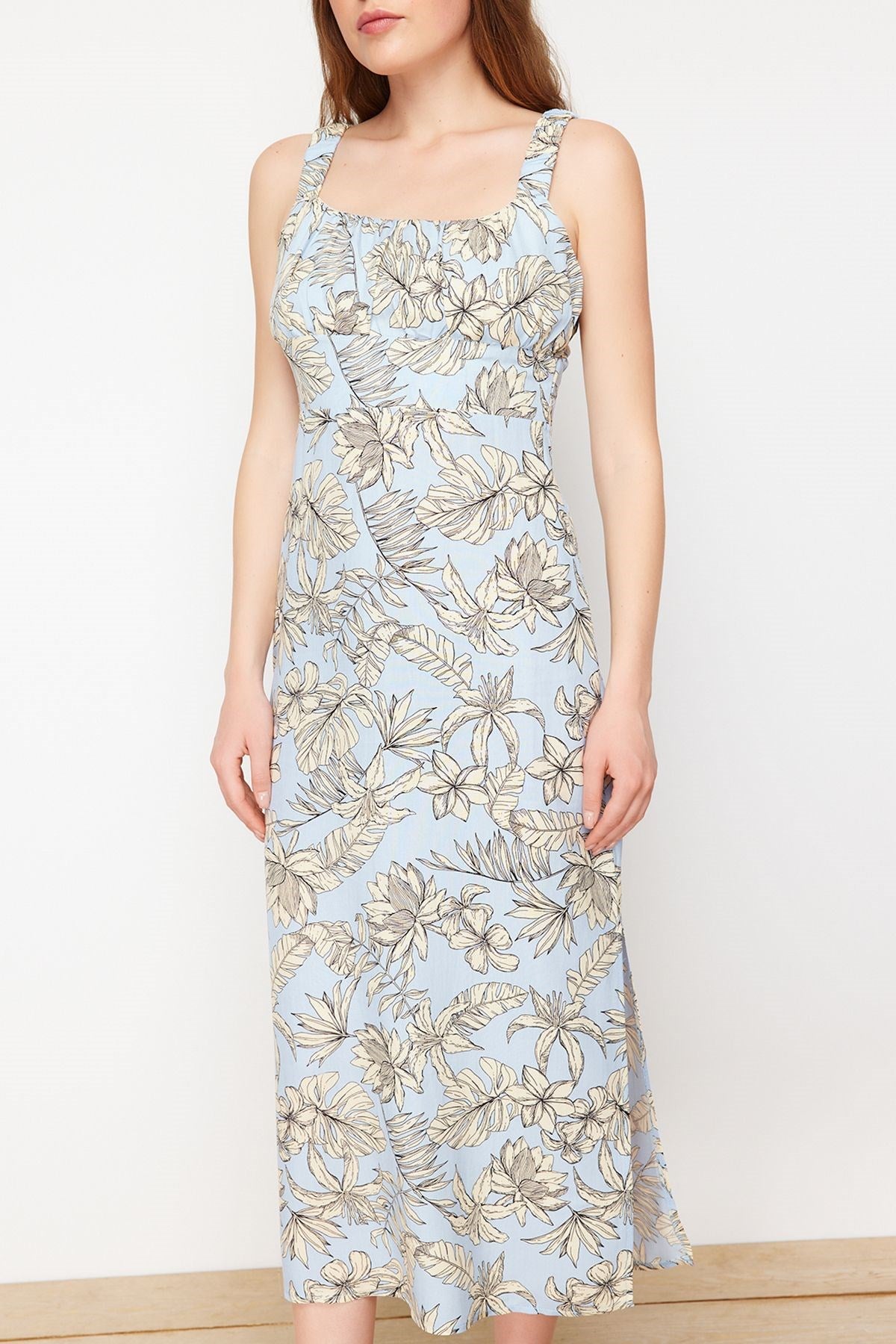 Light Blue Floral Viscose Maxi Woven Dress Twoss24el00613