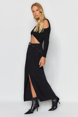 Black Slit Maxi Denim Skirt Twoss23et00290