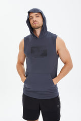 Men's Blue Cotton Plain Printed Pocket Hooded Sleeveless Casual Sports Zero Sleeve Athlete T-shirt T