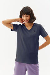 Women's Navy V Neck 100% Cotton Basic Short Sleeve Front Short Back Long Sport&casual T-shirt 0101 T