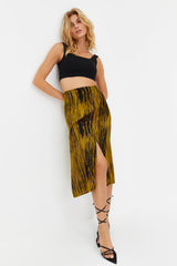 Black Slit Detailed Viscose Fabric Animal Print Midi Woven Skirt Twoaw22et0447