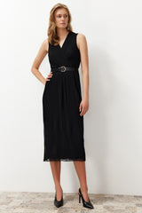 Black Pleated Double-breasted Neckline Chiffon Lined Midi Woven Dress Twoss24el00774