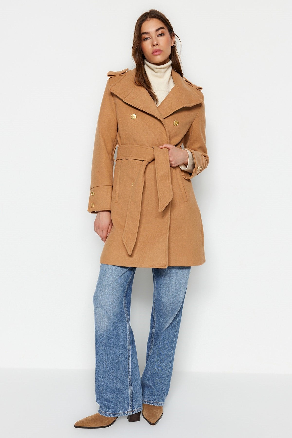 Camel Belted Gold Button Detailed Cashmere Coat Twoaw24kb00006