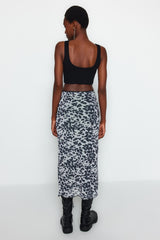 Black Waist Detailed Printed Stretch Tulle Maxi Knitted Skirt Twoaw24et00124