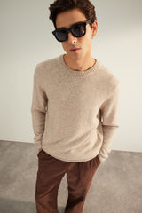 Limited Edition Beige Mens Regular Fit Crew Neck Woolen Basic Knitwear Sweater Tmnaw24kz00058