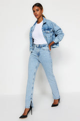 Blue Slit High Waist Straight Jeans Twoss22je0430