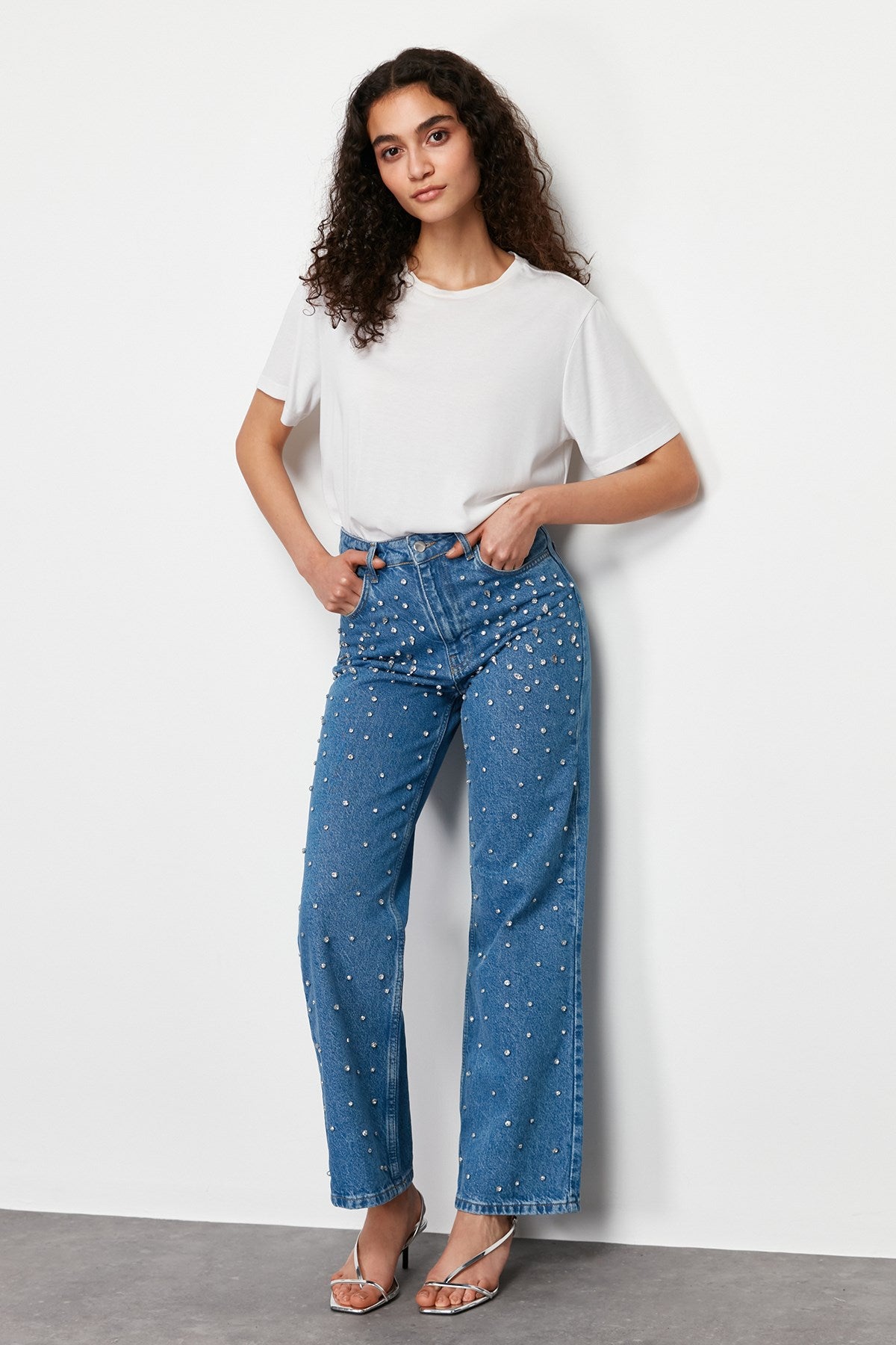 Blue Stone Detailed High Waist Wide Leg Jeans Twoss24je00225