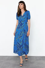 Blue Floral Print Double-breasted Viscose Midi Woven Dress Twoss24el00686